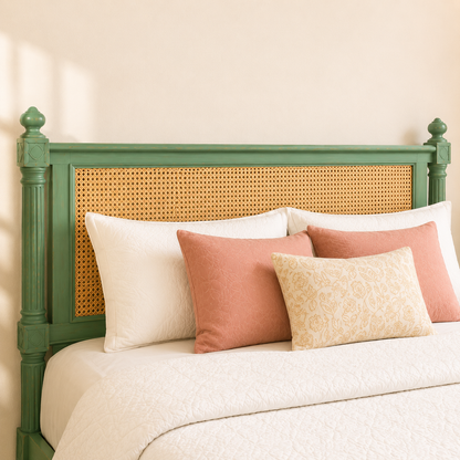 Solid Sheesham Wood Bed with Cane Panels – Soft Green Finish