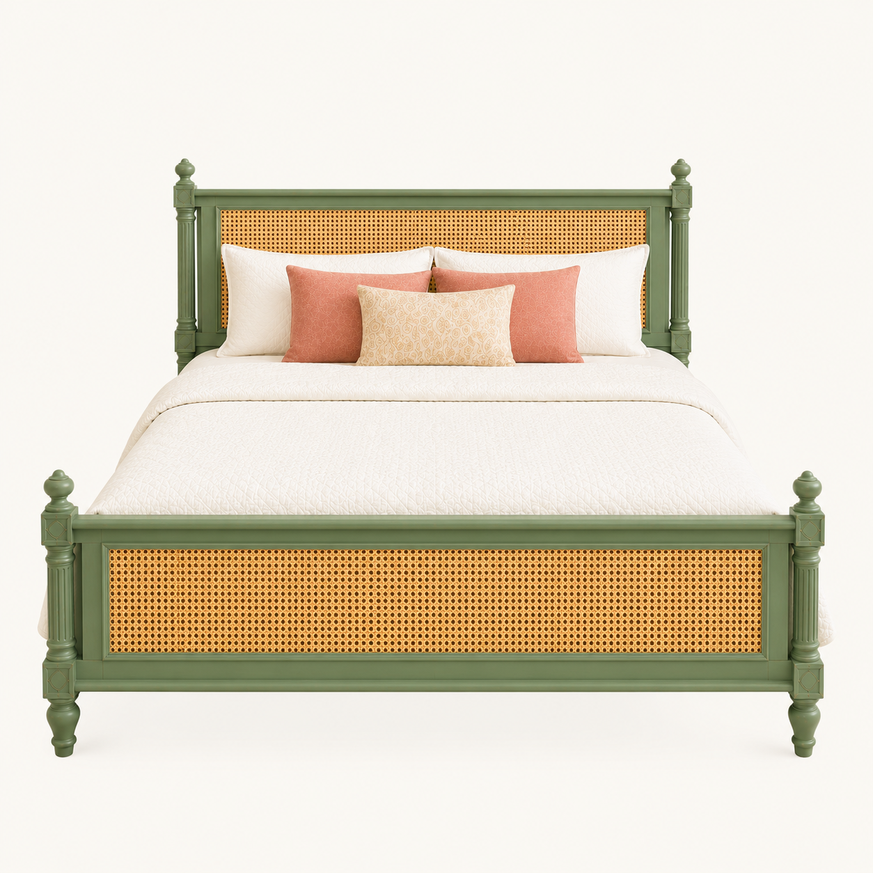Solid Sheesham Wood Bed with Cane Panels – Soft Green Finish