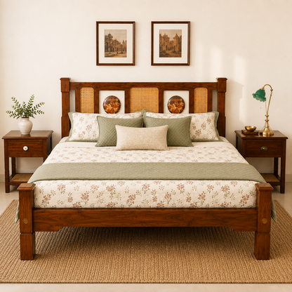 Solid Sheesham Wood Bed – Cane & Decorative Panel Design