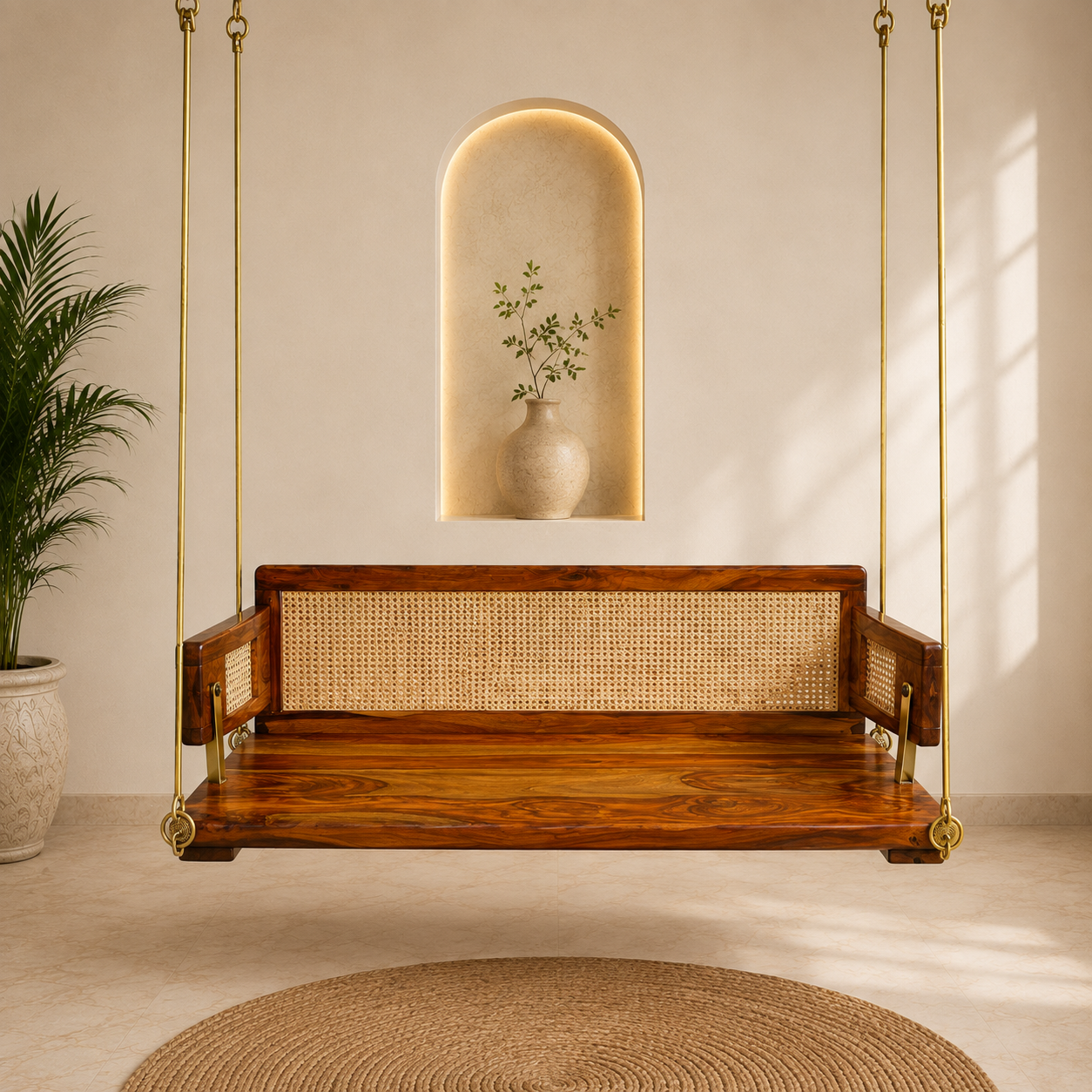 Teak Wood & Cane Backrest Swing – Reversible Jhula