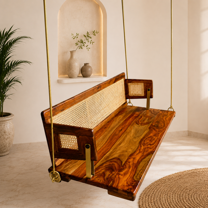 Teak Wood & Cane Backrest Swing – Reversible Jhula