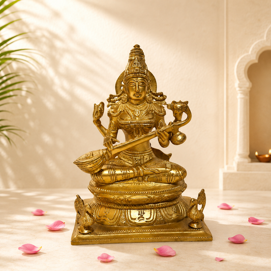 Brass Goddess Saraswati With Flat Base – Spiritual Saraswati Idol