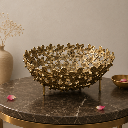 Handcrafted Brass Floral Decorative Fruit Bowl – Elegant Table Centrepiece