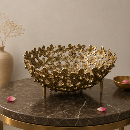 Handcrafted Brass Floral Decorative Fruit Bowl – Elegant Table Centrepiece
