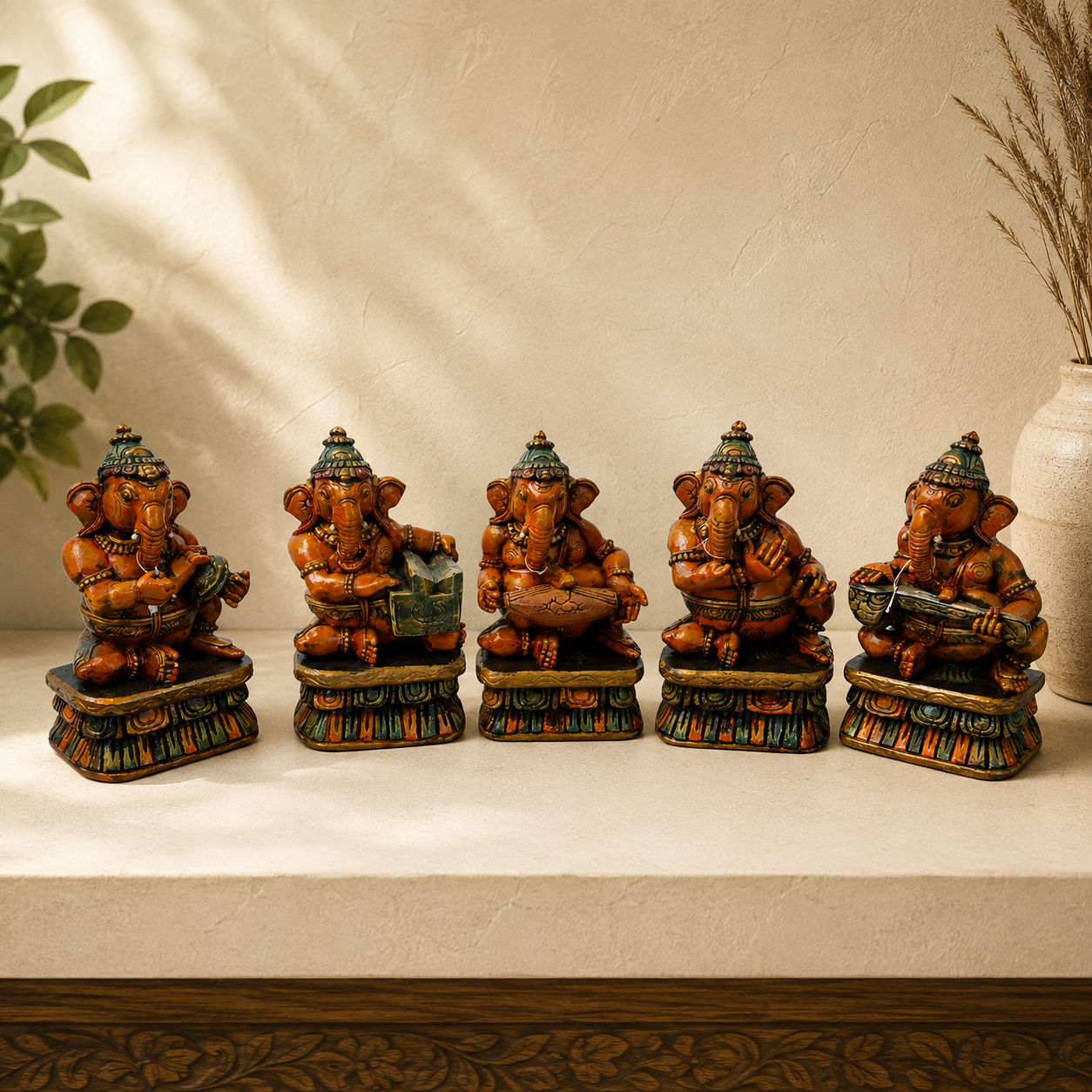 Wooden Musical Ganesha Set of 5 – Hand-Painted Decorative Idol Collection