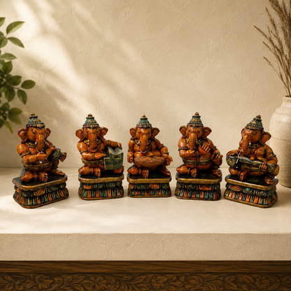 Wooden Musical Ganesha Set of 5 – Hand-Painted Decorative Idol Collection