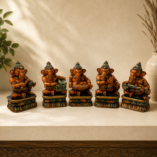 Wooden Musical Ganesha Set of 5 – Hand-Painted Decorative Idol Collection