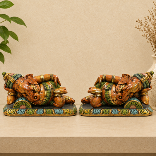 Wooden Carved Reclining Ganesha Pair – Hand-Painted Decorative Idol Set