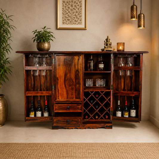 Solid Sheesham Wood Bar Cabinet with Wine Rack & Glass Holders – Brown Finish