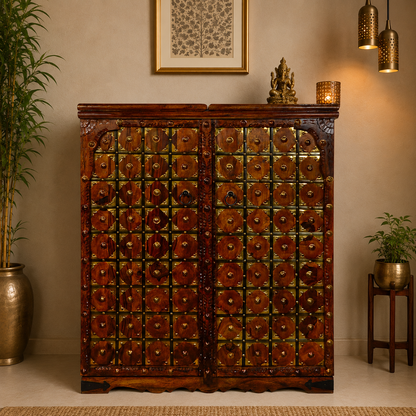 Solid Sheesham Wood Bar Cabinet with Wine Rack & Glass Holders – Brown Finish