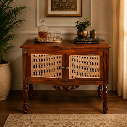 Teak Wood Console Table Cabinet with Cane Finish | Entryway Storage Furniture India