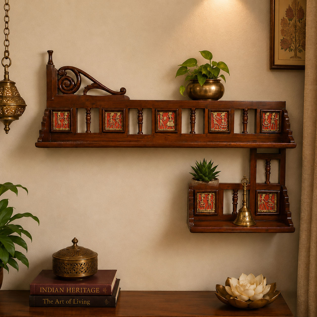Teak Wood Wall Shelf with Dhokra & Warli Art – Handcrafted Cultural Decor