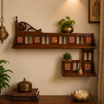 Teak Wood Wall Shelf with Dhokra & Warli Art – Handcrafted Cultural Decor