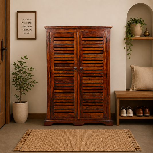 Solid Sheesham Wood 2-Door Shoe Cabinet – Honey Finish