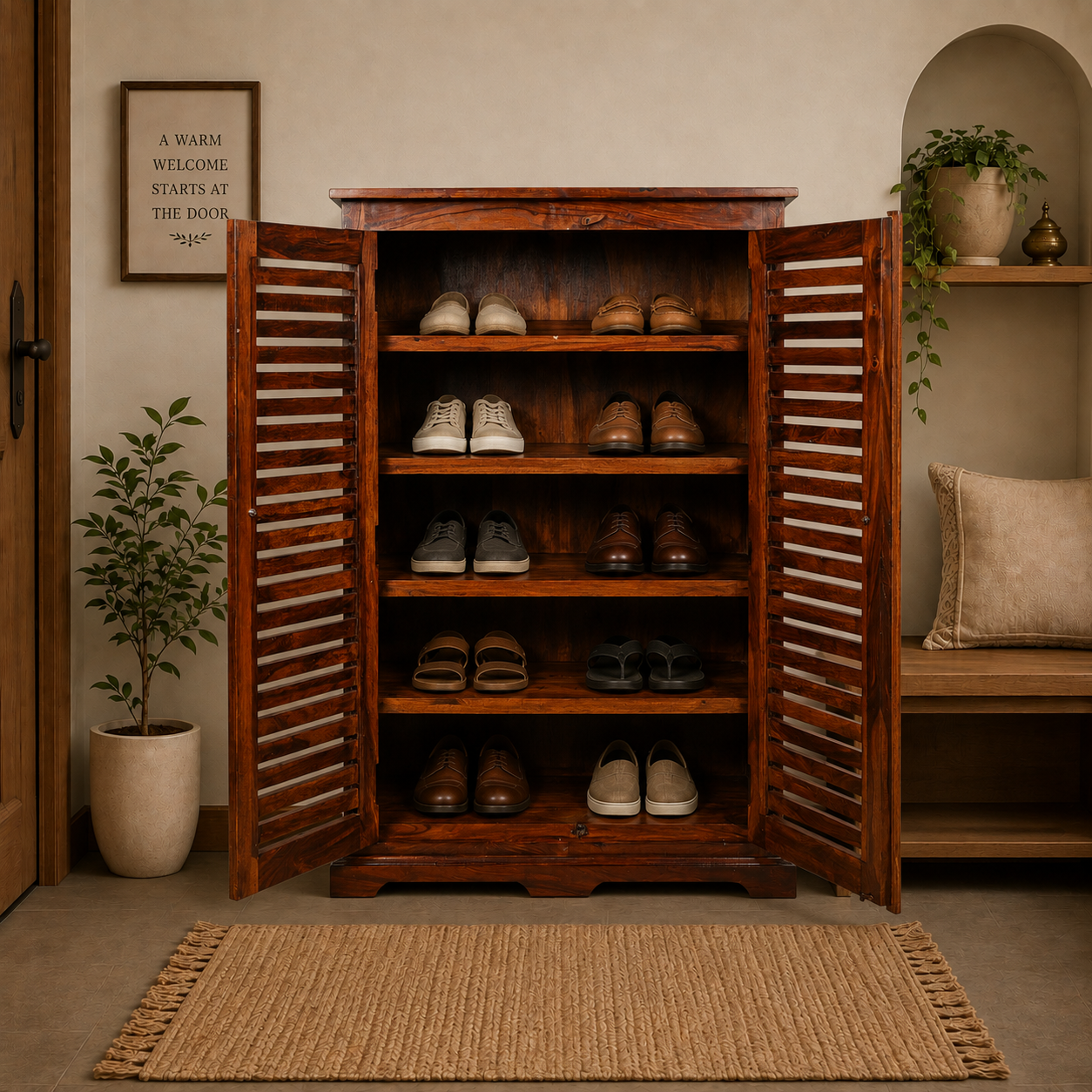 Solid Sheesham Wood 2-Door Shoe Cabinet – Honey Finish