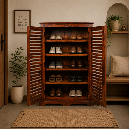 Solid Sheesham Wood 2-Door Shoe Cabinet – Honey Finish