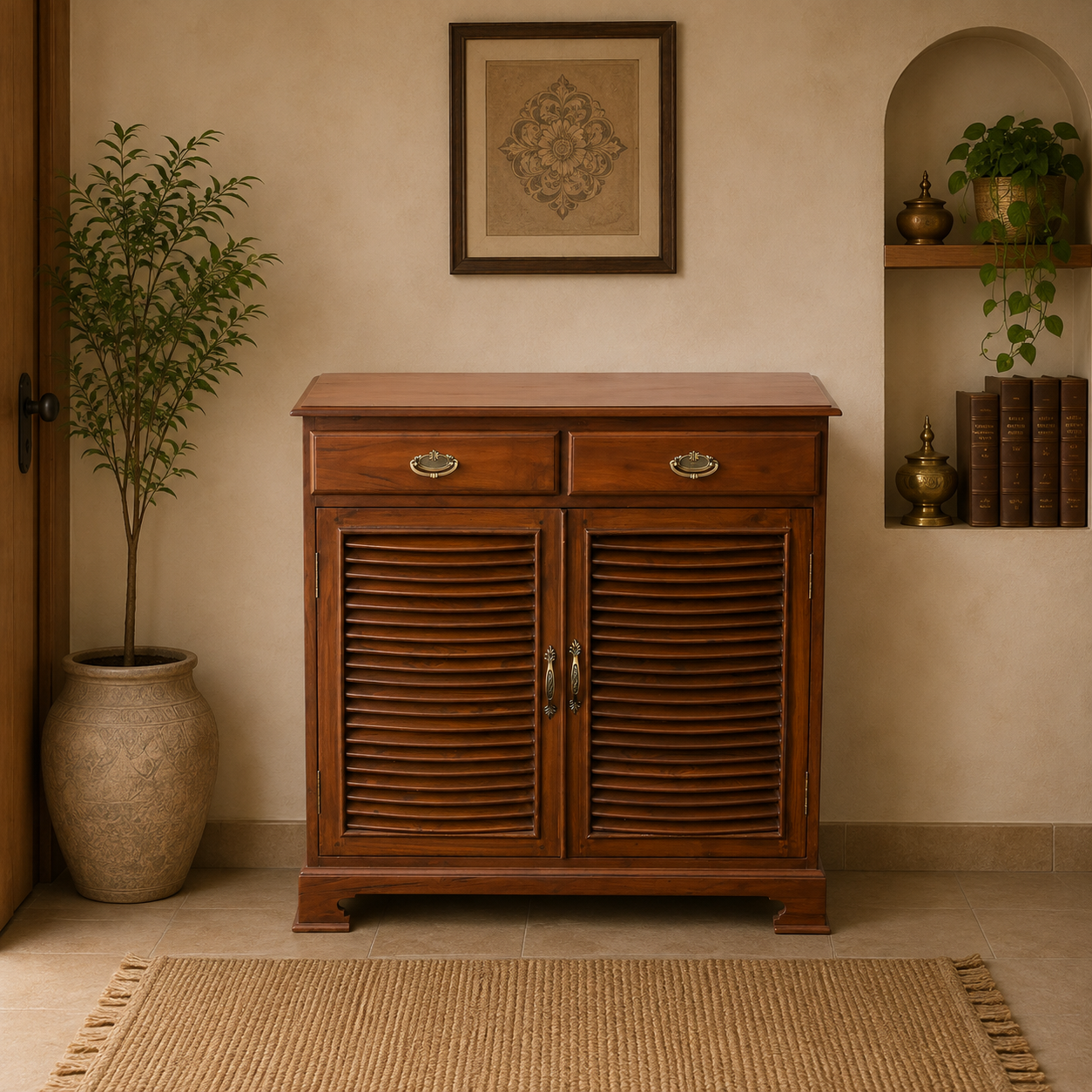Teak Wood 2-Door Shoe Cabinet with 2 Drawers – Classic Finish