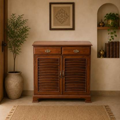 Teak Wood 2-Door Shoe Cabinet with 2 Drawers – Classic Finish