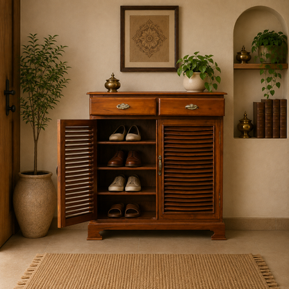 Teak Wood 2-Door Shoe Cabinet with 2 Drawers – Classic Finish