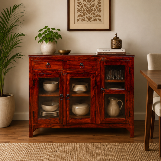 Solid Sheesham Wood Sideboard with Glass Doors & Storage – Elegant Display Cabinet