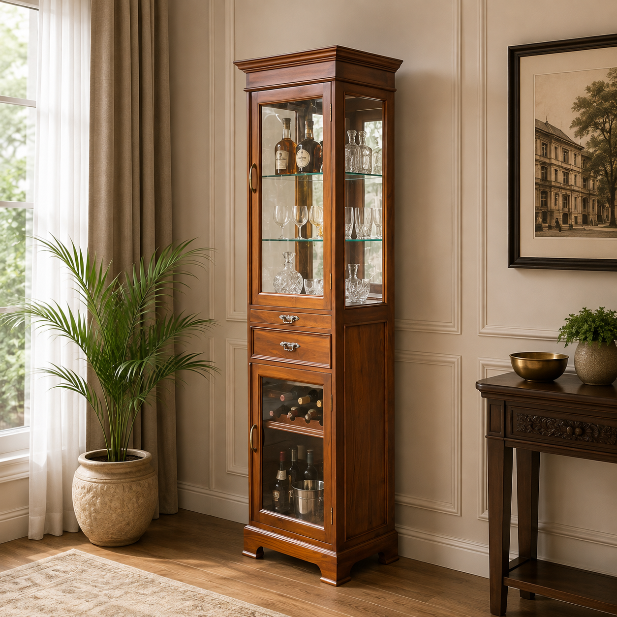 Teak Wood Bar Cabinet with Glass & Premium Finish – Elegant Home Bar Furniture