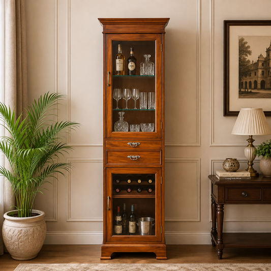 Teak Wood Bar Cabinet with Glass & Premium Finish – Elegant Home Bar Furniture