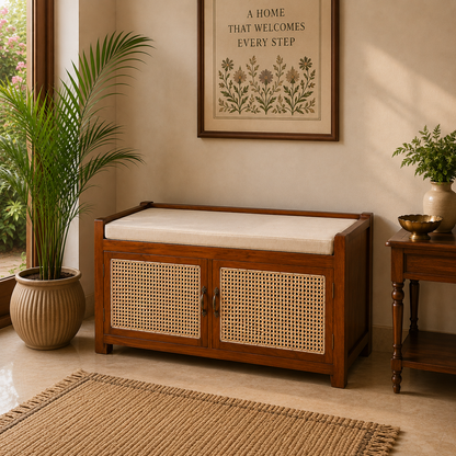 Teak Wood Shoe Rack Bench with Cushion, 2-Door Storage & Cane Finish