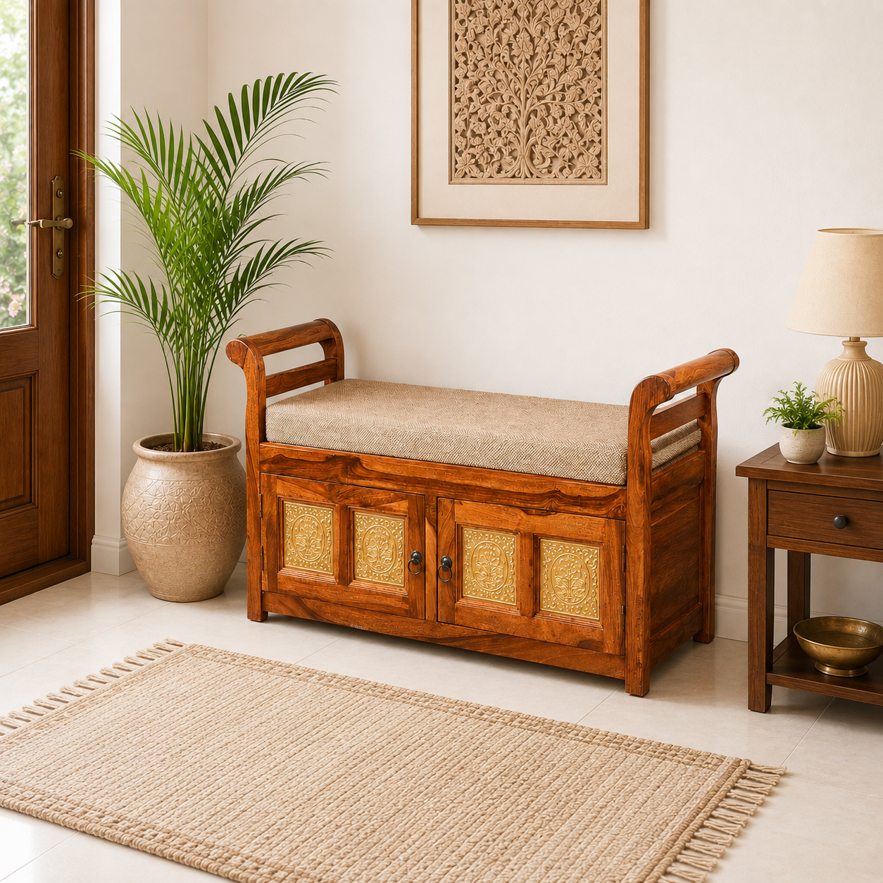 Solid Sheesham Wood 2-Seater Shoe Rack with Storage – Entryway Organizer
