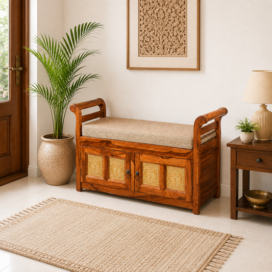 Solid Sheesham Wood 2-Seater Shoe Rack with Storage – Entryway Organizer