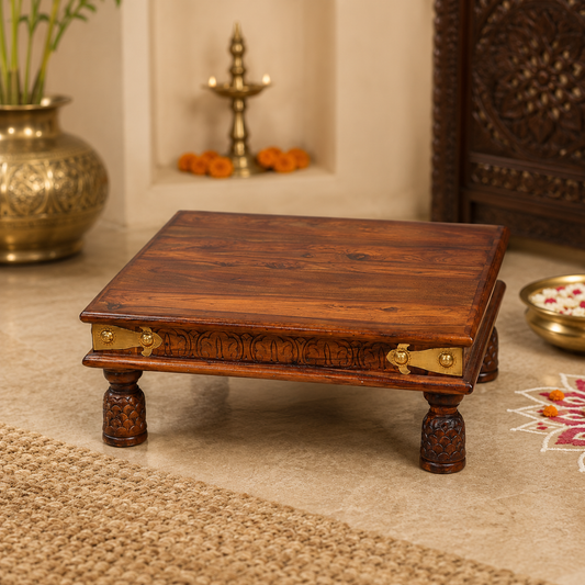 Hand-Carved Sheesham Wood Chowki – Traditional Pooja Room Furniture