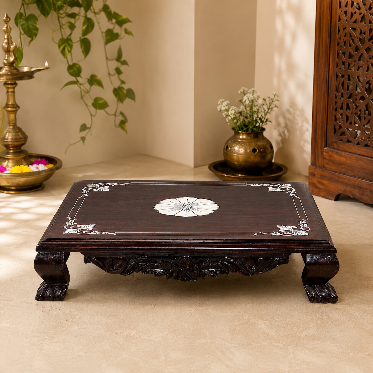 Hand-Carved Rosewood Chowki – Traditional Pooja Platform