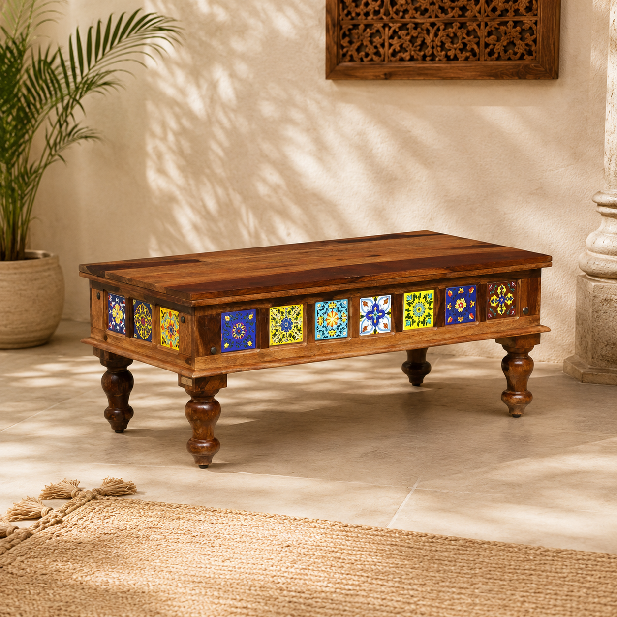 Solid Sheesham Wood Bench with Tiles – Decorative Seating & Entryway Bench