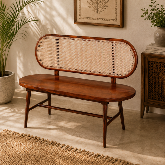 Teak Wood Bench with Cane Backrest – Elegant Living Room & Entryway Seating