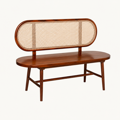 Teak Wood Bench with Cane Backrest – Elegant Living Room & Entryway Seating
