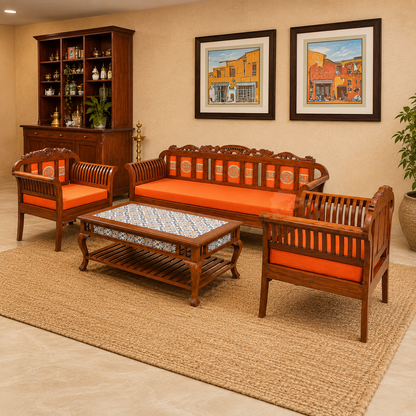 Solid Teak Wood Rectangular Carved Coffee Table with Tile Finish