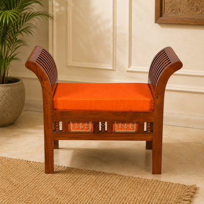 Teak Wood Royal Seating Stool with Dhokra Work – Walnut Brown Accent Seating