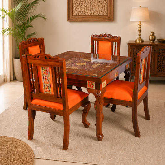 Teak Wood 4-Seater Dining Table Set with Intricate Carvings & Glass Top – Premium Traditional Design
