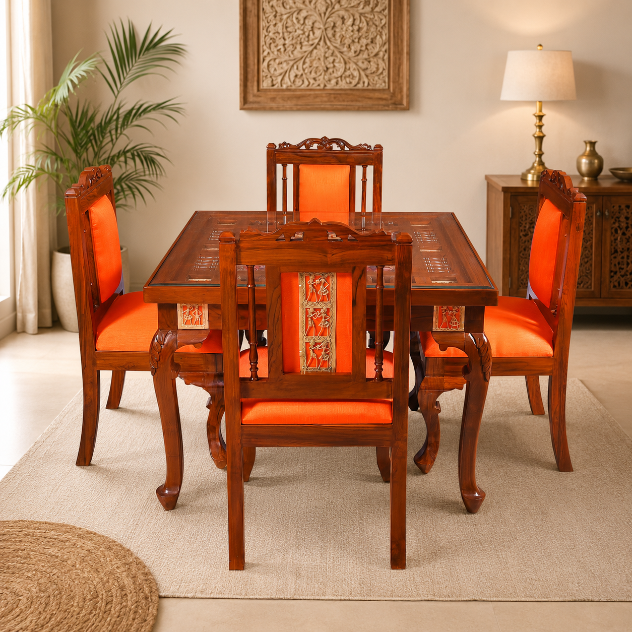 Teak Wood 4-Seater Dining Table Set with Intricate Carvings & Glass Top – Premium Traditional Design
