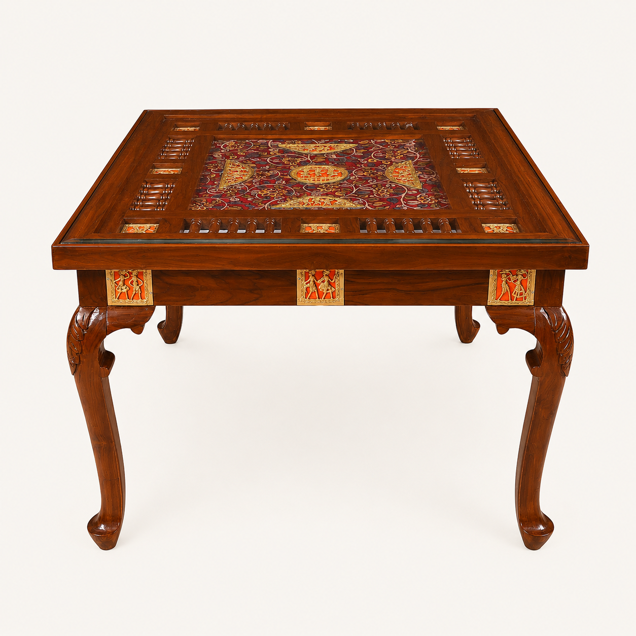 Teak Wood 4-Seater Dining Table Set with Intricate Carvings & Glass Top – Premium Traditional Design