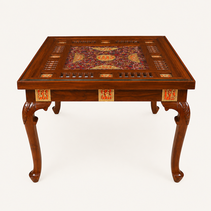 Teak Wood 4-Seater Dining Table Set with Intricate Carvings & Glass Top – Premium Traditional Design