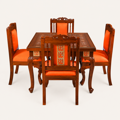 Teak Wood 4-Seater Dining Table Set with Intricate Carvings & Glass Top – Premium Traditional Design