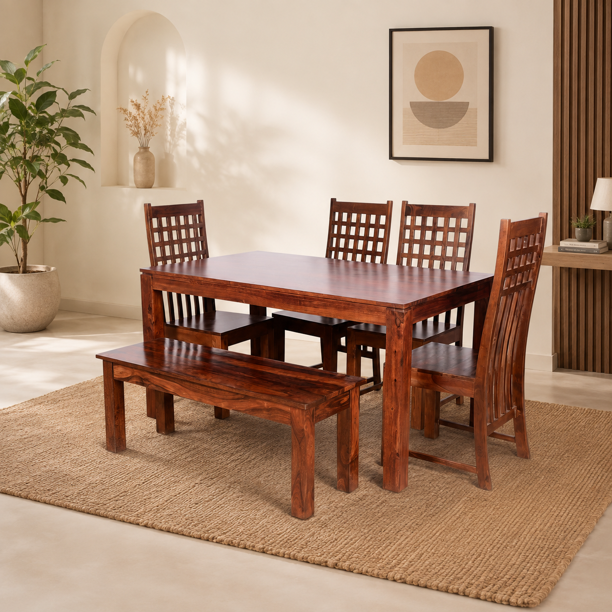 Solid Sheesham Wood Dining Table Set with Bench & Lattice Back Chairs – 6 Seater