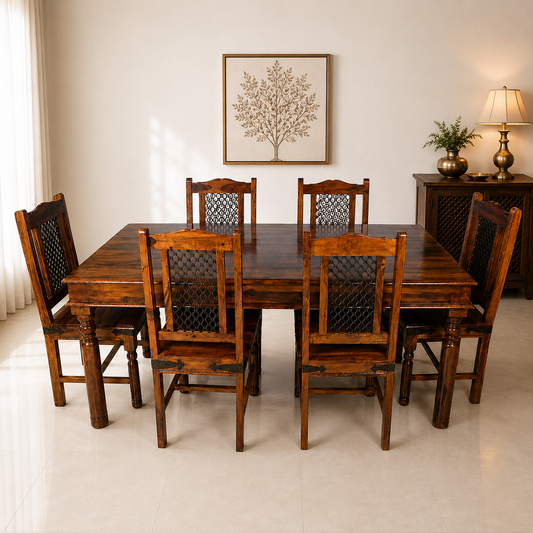 Solid Sheesham Wood Dining Table Set with Metal Mesh Back Chairs – 6 Seater | Industrial Traditional Fusion