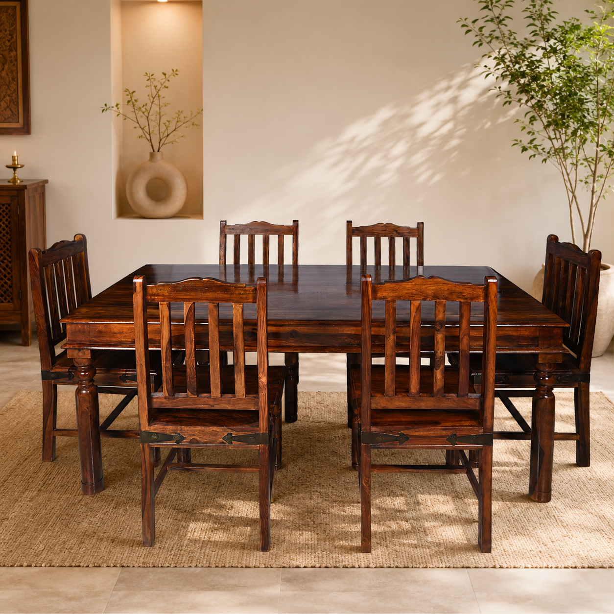 Solid Sheesham Wood Dining Table Set – 6 Seater | Traditional Chair Design