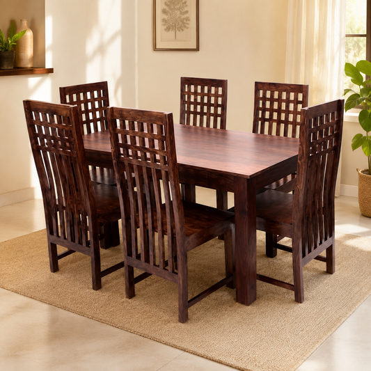 Solid Sheesham Wood Dining Table Set with High-Back Lattice Chairs – 6 Seater