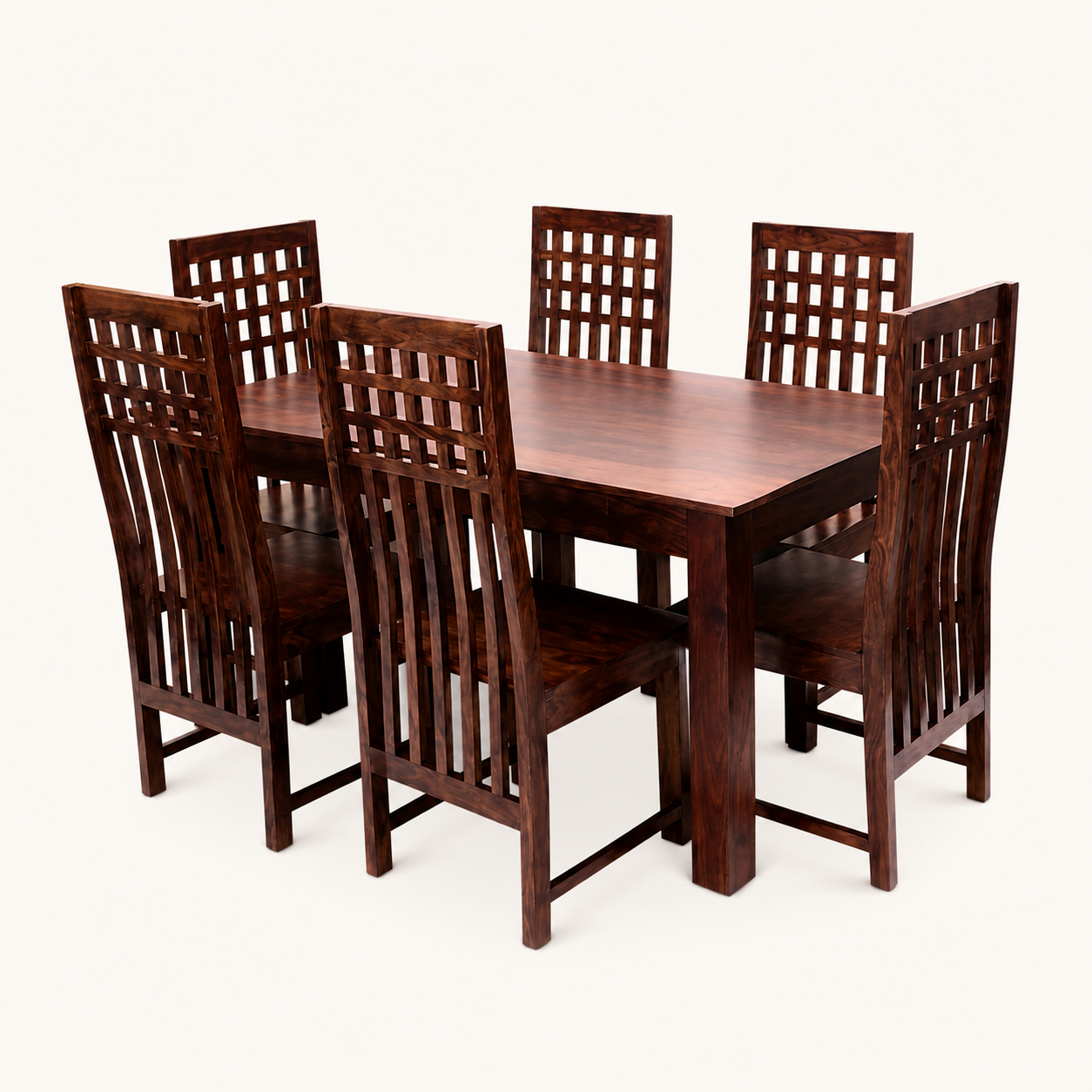 Solid Sheesham Wood Dining Table Set with High-Back Lattice Chairs – 6 Seater