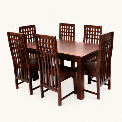 Solid Sheesham Wood Dining Table Set with High-Back Lattice Chairs – 6 Seater