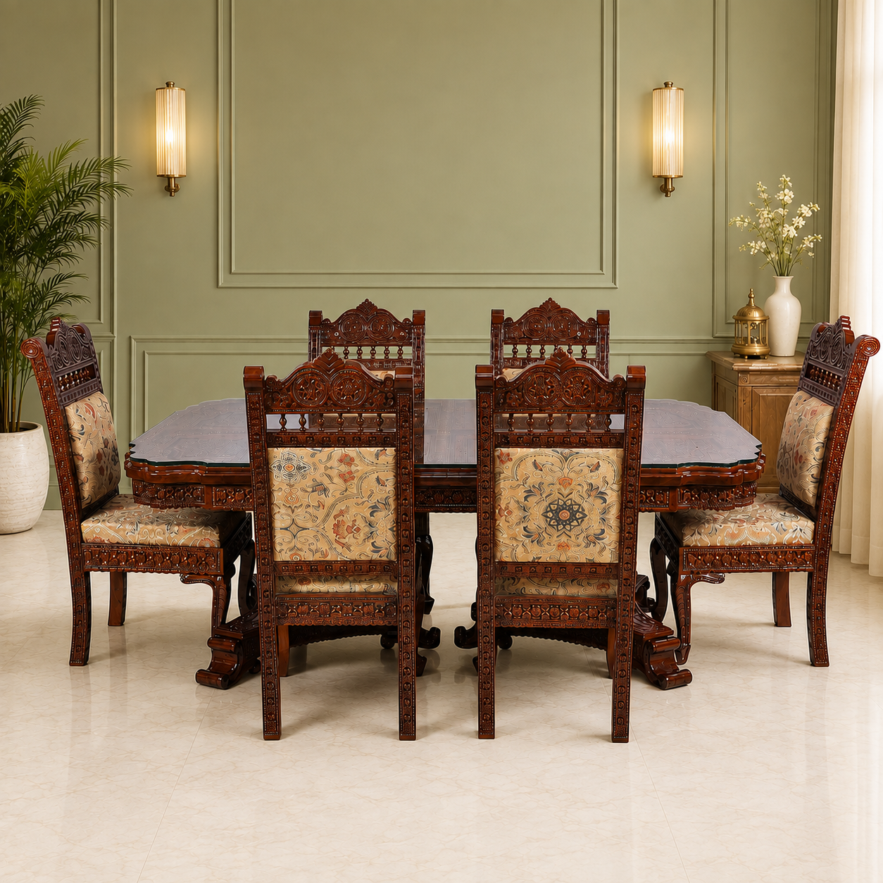Royal Hand-Carved Solid Wood Dining Table Set with Ornate Base & Glass Top – 6 Seater
