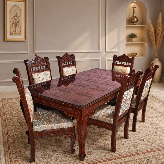 Heritage Hand-Carved Solid Wood Dining Set – Glass Top | Premium Fabric Seating – 6 Seater