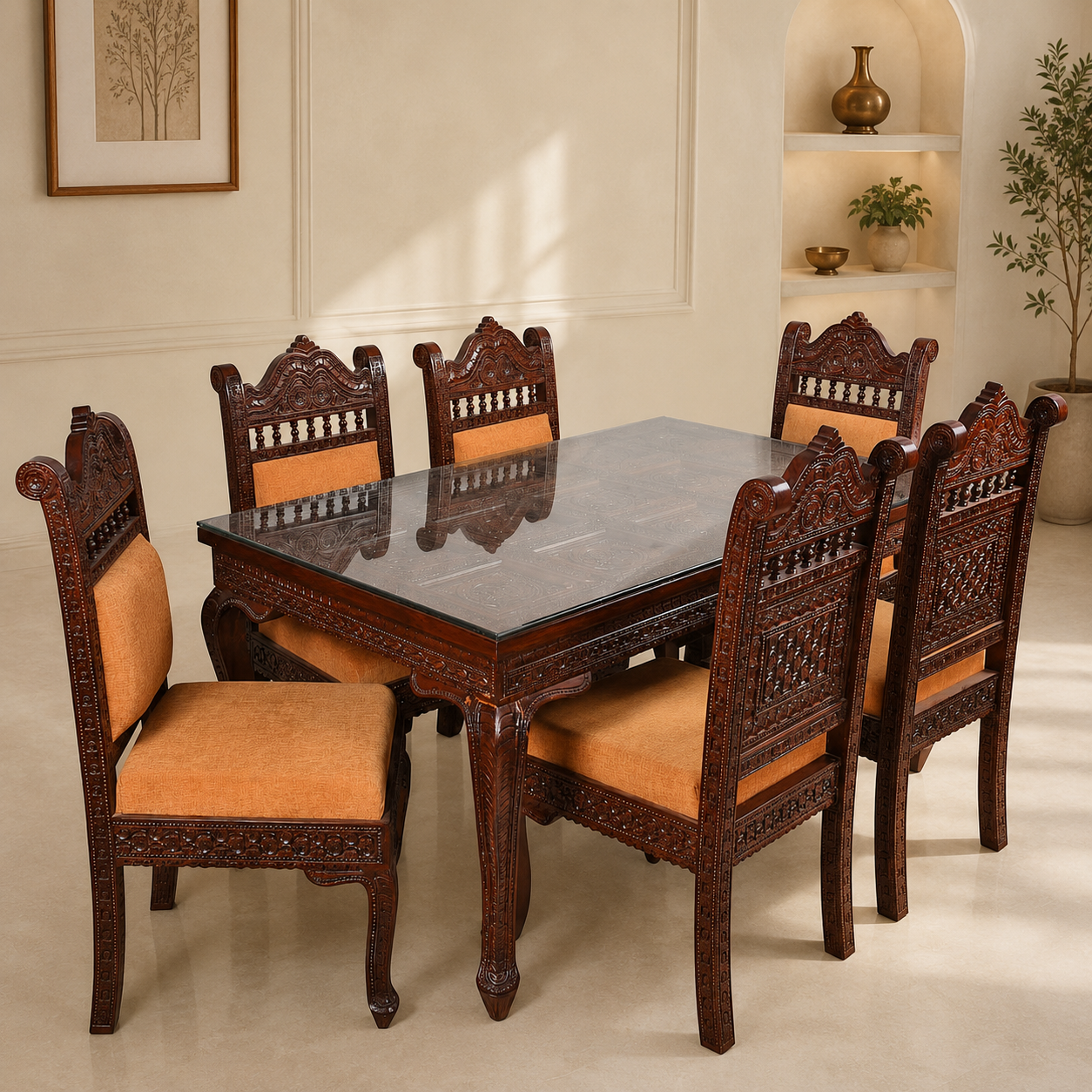 Handcrafted Royal Wooden Dining Table Set with Intricate Carvings – Glass Top, 6 Seater